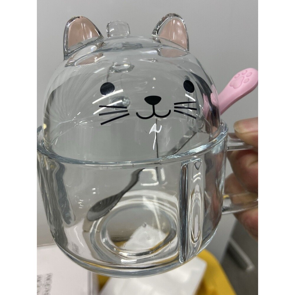3 Piece Glass Mug Set Pink Cat Kitty With Spoon And Lidded Tea Steep Cup Gift